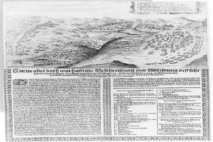 Ein altes Buch mit einer schwarz-weißen Karte von Heidelberg aus dem 16. Jahrhundert.