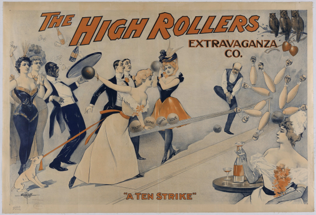 Vintage-Plakat aus den 1920er Jahren für die High Rollers Extravaganza Co., das eine Gruppe von Menschen beim Bowling zeigt, mit der Aufschrift 'Ein Zehner' oben drauf, gekleidet in Kleidung aus dieser Zeit und vor einem lebhaften, gedämpften Farbpalett gesetzt.