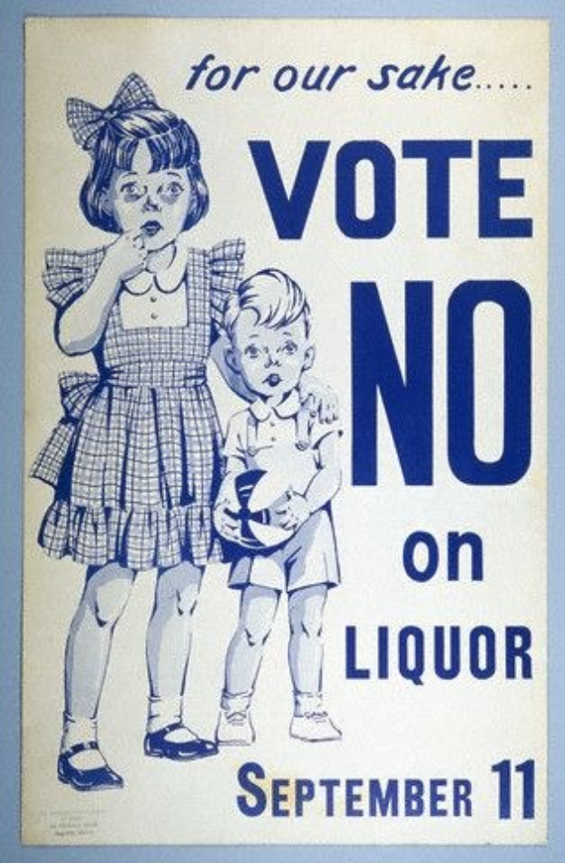Plakat an einer Wand mit der Aufschrift "Stimme gegen Alkohol" und zwei Kindern, die nebeneinander stehen, wobei eines einen Ball hält.
