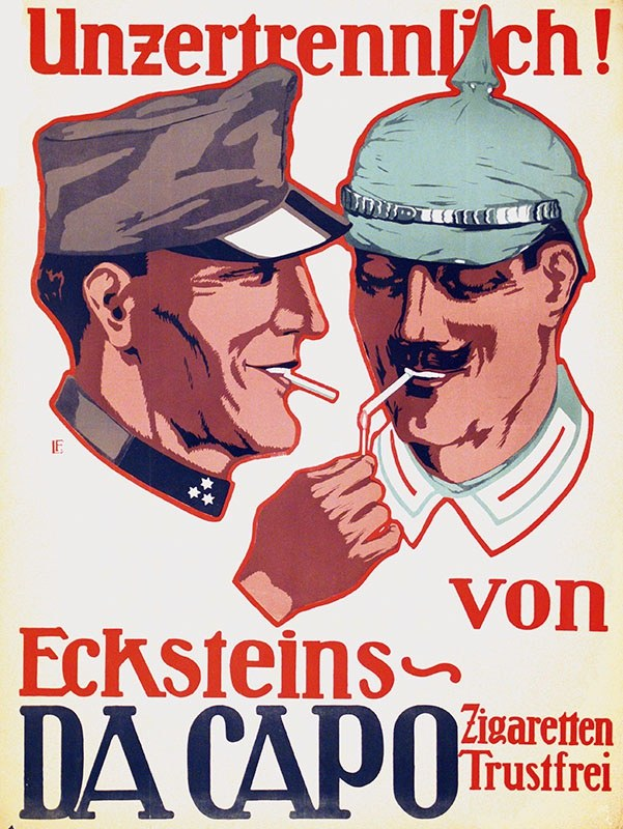 Deutsches Propagandaplakat mit zwei Männern in Mützen und Zigaretten rauchend