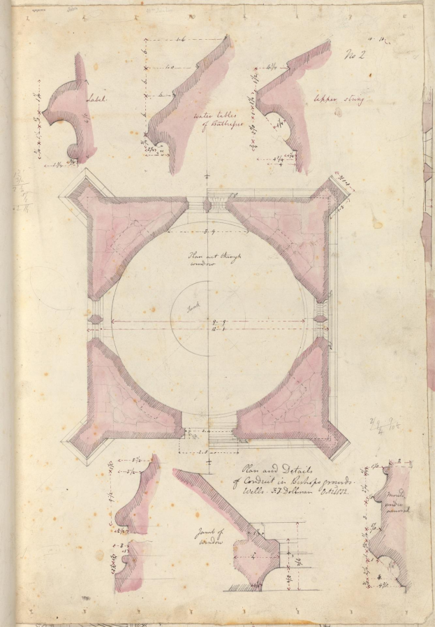 Altes Buch mit einem detaillierten architektonischen Plan und Konstruktionsdetails auf dem Cover, das komplexe Linien, Formen und Text enthält.