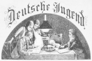 Eine Gruppe von Kindern sitzt um einen Tisch mit einer Lampe, Büchern und anderen Gegenständen, mit einem schwarzen und weißen Plakat oben, auf dem die Wörter "Deutsche Jugend" stehen.