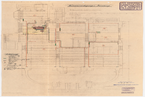 Schwarze und weiße architektonische Zeichnung des Rosenhof-Krankenhauses in Hamburg, Deutschland, die detaillierte Layouts mit zahlreichen Drähten, Räumen, Fluren und Textanmerkungen auf altem Papier zeigt.