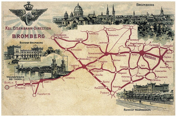 Eine detaillierte Poster-Karte von Bromberg, Deutschland, die Straßen, Gebäude, eine Brücke, Bäume und Text mit historischen und kulturellen Informationen zeigt.
