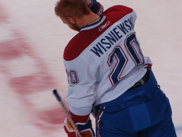 Professioneller Hockey-Spieler in "Wisniewski"-Trikot, der auf dem Eis steht und einen Hockey-Schläger hält