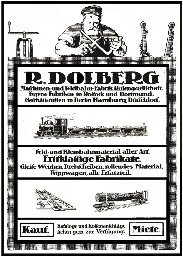 Werbeplakat für die Fabrik von R.D. Dolberg in Hamburg, Deutschland, mit Text, einer Person, einem Zug und anderen Gegenständen.
