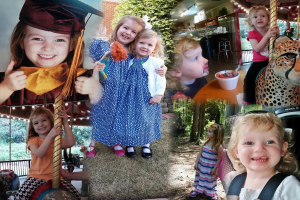 Ein Collage mit Vergnügungsparkfahrgeschäften, einem Tisch mit Essensartikeln einschließlich eines Bechers und Löffels, verschiedenen Gegenständen, Lichtern, einer Wand, Büschen, Bäumen, Gras, einem Seil und einem Hut.