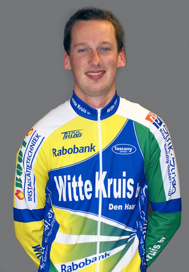 Ein männlicher Sportler, der für ein Foto posiert und ein Hemd mit mehreren Sponsoren-Logos trägt