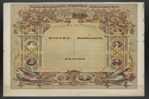 Ein illustrierter Familienstands-Eintrag mit schwarzem Hintergrund, der Bilder von Menschen und den Text "Geburten, Hochzeiten, Tode" zeigt.