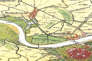 Ein detailliertes altes Stadtplan von Ludwigschaften, Deutschland, das Straßen, Gebäude und Sehenswürdigkeiten mit Text zeigt, der den Standort der Stadt angibt.