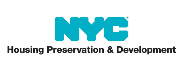 Weißer Hintergrund mit zentriertem schwarzem Text "NYC Housing Preservation & Development" in einer modernen, professionellen Schriftart, eingerahmt von einem dünnen schwarzen Rand.