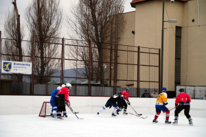 Menschen, die Eis hockey auf einer Bahn mit Gebäuden, Bäumen, einer Straßenlaterne, einem Namensschild und Zäunen im Hintergrund unter dem Himmel spielen.