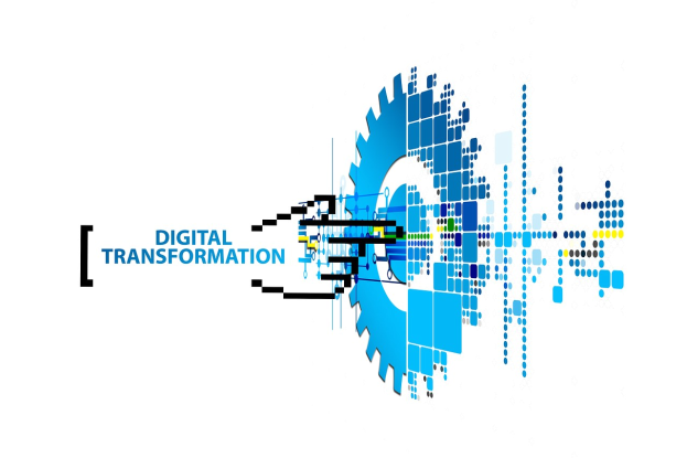 Digitales Transformationslogo mit dem Text "Digitale Transformation" in Blau, Schwarz und Gelb auf einem weißen Hintergrund.