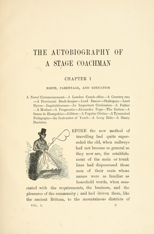 Offenes Buch mit dem Titel "Die Autobiographie eines Kutschers" mit einer Zeichnung eines ernst aussehenden Kutschers in einem Anzug, Hut und mit einer Peitsche und einem Buch.