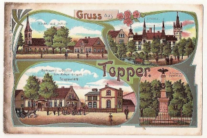 Alte Postkarte mit einer Darstellung einer deutschen Stadt mit Gebäuden, Bäumen, Menschen, Wagen, einer Statue, einem Zaun und einem bewölkten Himmel, mit handgeschriebener Text auf der Vorderseite.