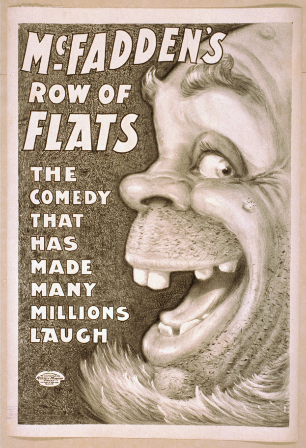 Plakat mit einem lachenden Menschen mit wilden Haaren vor einem gelben Hintergrund, das "McFadden's Row of Flats: The Comedy That Has Made Many Millions Laugh" bewirbt.