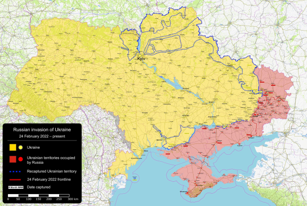 Eine Karte von Ukraine, die die russischen Invasionzonen hervorhebt, mit erklärendem Text auf der linken Seite.