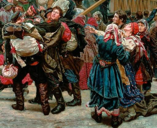 Gemälde einer Gruppe von Menschen, die vor einer Menge tanzen, einige halten Gegenstände, mit einem hölzernen Haus im Hintergrund, das eine Szene aus der Russischen Revolution in traditioneller russischer Kleidung darstellt.