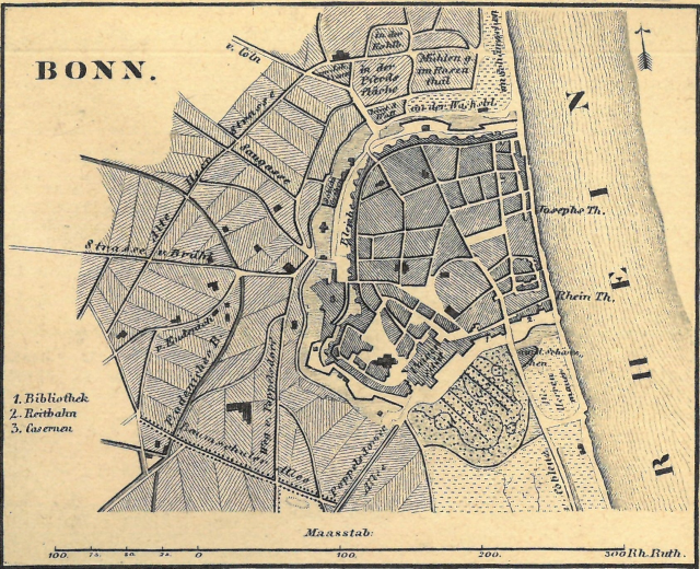 Alte detaillierte Karte von Bonn, Deutschland, zeigt Straßen, Gebäude und Sehenswürdigkeiten mit Textanmerkungen.