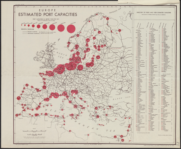 Ein gerahmtes Bild von Europa mit roten Punkten, die die geschätzten Hafenkapazitäten markieren.