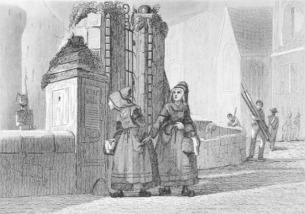 Schwarz-weiß-gravur von zwei frauen, die vor einem gebäude in der stadt london stehen, mit anderen leuten im hintergrund und text, der unten "viktorianische frauen in der stadt london" liest.