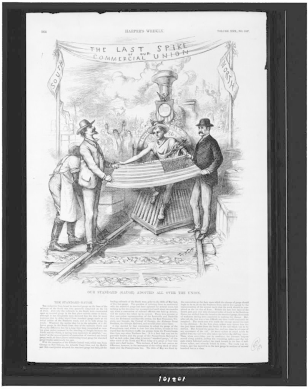 Ein schwarzer und weißer Rahmen mit einem Blatt Papier, auf dem ein Bild einer Gruppe von Menschen zu sehen ist, die auf einem Bahngleis stehen, mit Flaggen und dem Text "Der Letzte Nagel der Gewerblichen Union" im Hintergrund.