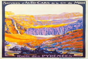 Ein Plakat, das eine Autowerkstatt in den Pyrenäen, Frankreich, bewirbt und eine Landschaft mit Hügeln und einem klaren blauen Himmel zeigt, sowie Text, der Informationen zur Werkstatt enthält.