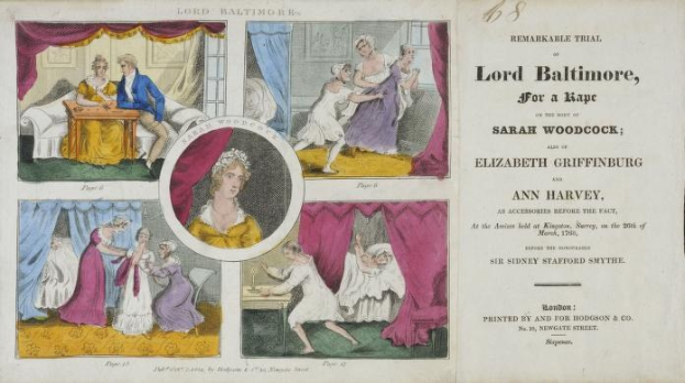 Ein historisches Prozessdokument, das ein Blatt mit Porträts, Vorhängen und Text zeigt, der einen Prozess wegen Vergewaltigung von Lord Baltimore, Sarah Woodcock und Elizabeth Griffinburg darstellt.