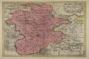 Eine alte Karte von Westfalen, Deutschland, mit den Provinzen des Königreichs England und Wales deutlich sichtbar, auf Papier gedruckt mit detailliertem Text über die Region.