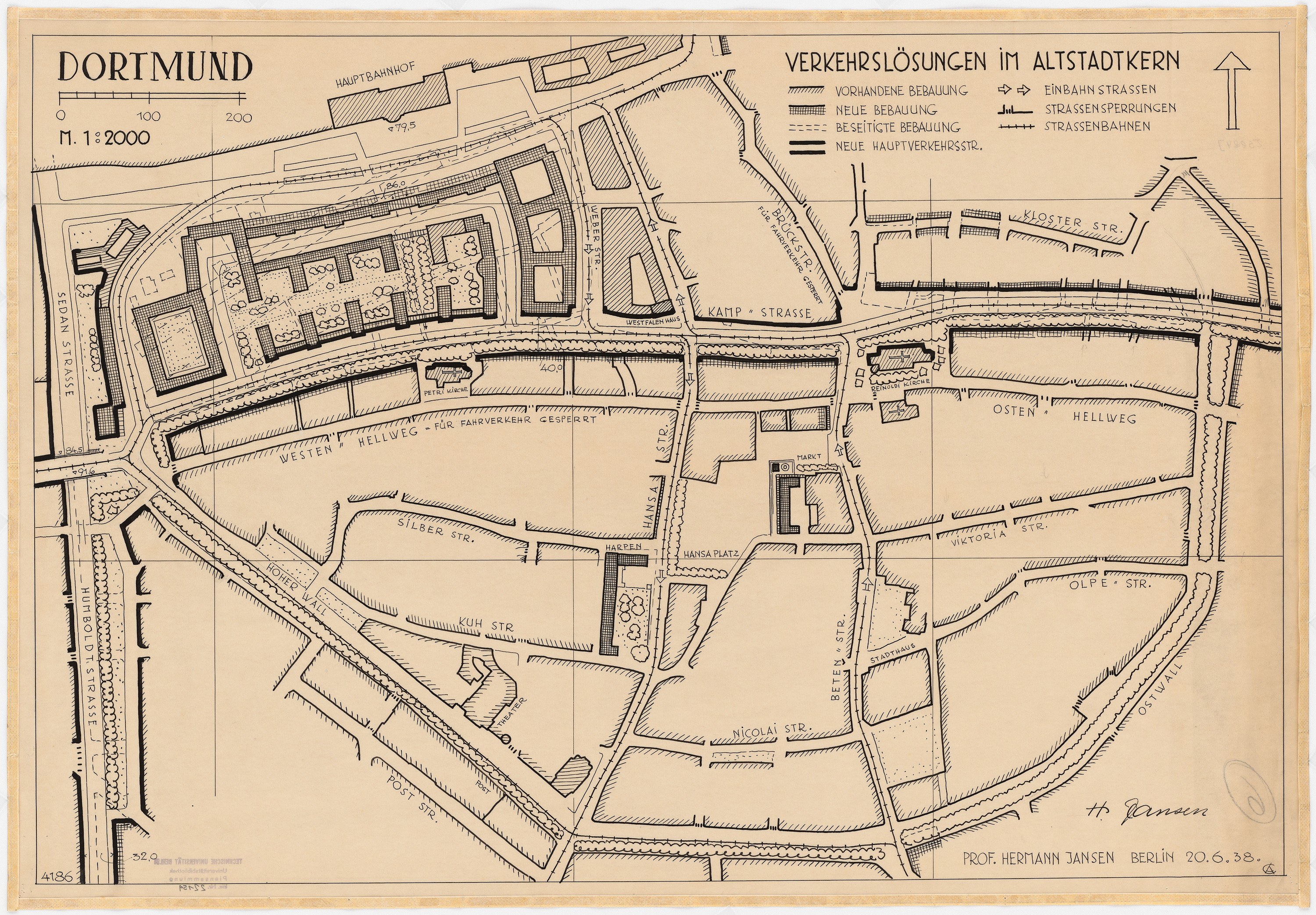 Ausführliche alte Karte von Dortmund, Deutschland, zeigt Straßen, Gebäude und Sehenswürdigkeiten mit Textbeschriftungen.