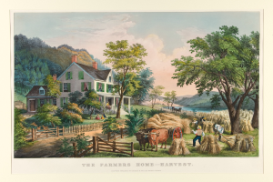 Ein Gemälde zeigt eine Farmszene mit einem Haus, Bäumen, Pflanzen, Gras, Tieren, einem Wagen, Menschen, einem Zaun, Wasser, Hügeln und einem wolkenverhangenen Himmel, mit der Inschrift "Die Farmers Home Harvest" unten.