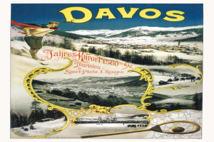 Ein Vintage-Plakat, das den Skiort Davos in der Schweiz bewirbt und einen Skifahrer im Vordergrund sowie Bäume, Häuser und Berge im Hintergrund zeigt, zusammen mit beschreibendem Text.