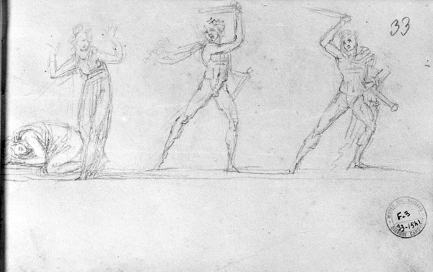 Drei Personen in einer Tanzpose, mit einer liegenden und zwei stehenden, realistisch gezeichnet mit detaillierten Zügen und gedämpften Farben und einem Stempel, der es als Tanzstudie kennzeichnet.