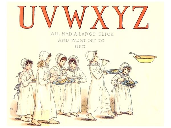 Gruppe von Menschen mit Tellern mit Essen, einer Schüssel und Löffel auf der rechten Seite, mit Text oben lesend "Uwxyz - Alle hatten ein großes Stück und gingen ins Bett."