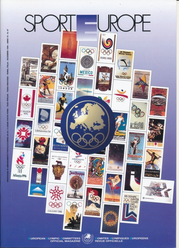 Ein Buchumschlag mit der Aufschrift "Sport in Europa", der farbenfrohe Bilder und Texte zu den Olympischen Spielen in Europa zeigt, mit fetter weißer Schrift auf einem bunten, detaillierten Design.