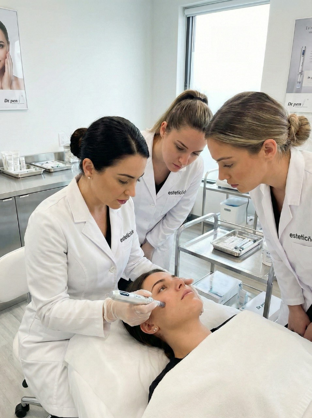 Ein modernes Kosmetikstudio: Drei Fachkräfte in professioneller Kleidung führen eine präzise Gesichtsbehandlung durch. Die Atmosphäre wirkt ruhig, hygienisch und auf dem neuesten Stand der Technik.