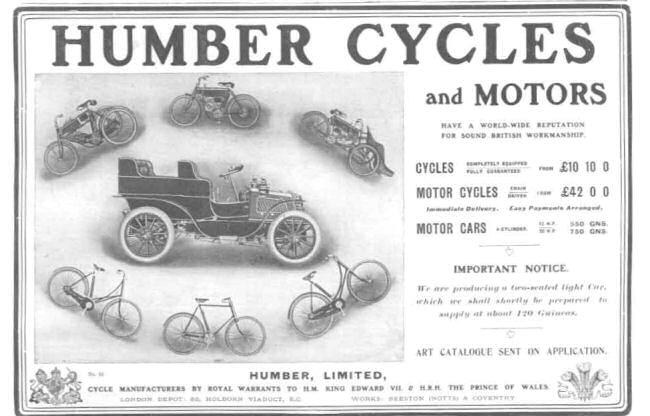 Werbeposter für Humber Cycles and Motors mit verschiedenen Fahrzeugen und Fahrrädern sowie beschreibendem Text.