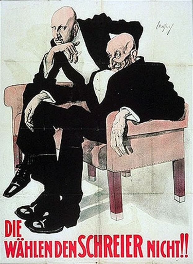 Deutsches Propagandaplakat für die Nationalsozialistische Deutsche Arbeiterpartei mit zwei Männern auf einem Sofa und Text, der die Partei bewirbt.