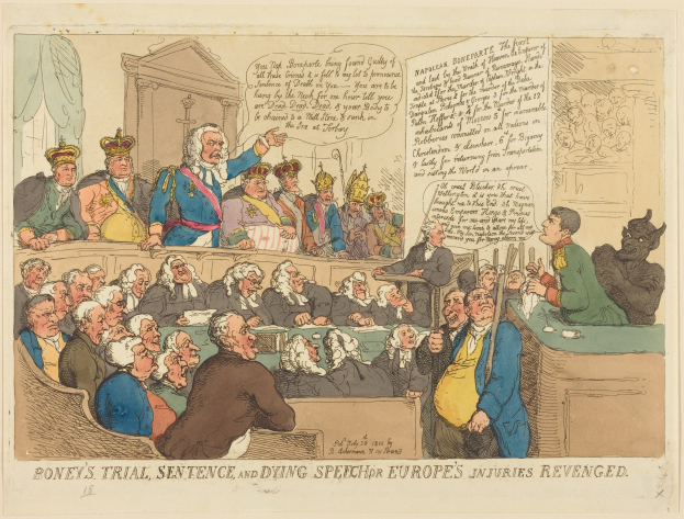 Cartoon-Courtroom-Szene mit einem stehenden Mann in der Mitte, einem Tisch mit Gegenständen rechts und dem Text "Boney's Trial, Sentence and Dying Speech Europe's Injuries Revenged" unten.