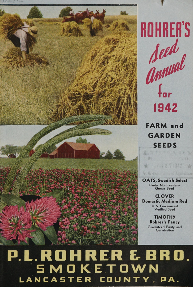 Ein Plakat für das Rohrer's Seed Annual 1942 mit einer bunten Auswahl an Blumen, Pflanzen, Gras, einer Person, einem Haus, Bäumen und einem klaren blauen Himmel, mit Text, der Informationen über die Samen enthält.