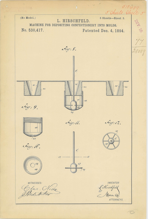 Patentzeichnung einer Maschine zum Einfüllen von Süßwaren in Formen, mit Text und nummerierten Beschriftungen.