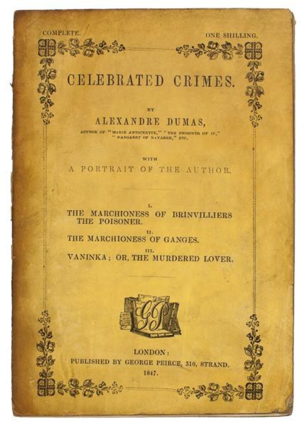 Ein altes Buch mit dem Titel "Berühmte Verbrechen" von Alexandre Dumas mit einem Porträt des Autors und kunstvollen Designs auf dem Cover.