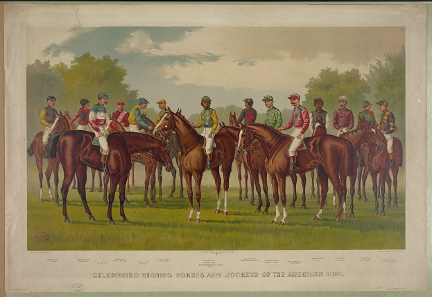 Gruppe von Menschen, die auf Pferden reitet, auf einer grünen Wiese mit Bäumen und einem blauen Himmel, mit Text unten: "Feier der siegreichen Pferde und Jockeys des amerikanischen Rasens."