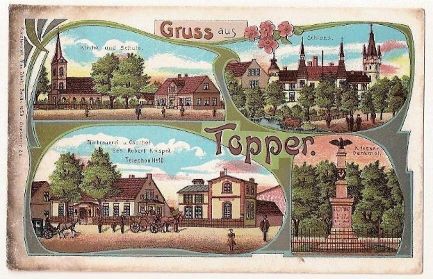 Alte Ansichtskarte mit einer deutschen Stadt, die Gebäude, Bäume, Menschen, Wagen, eine Statue, einen Zaun und einen bewölkten Himmel zeigt, mit handgeschriebener Text auf der Vorderseite.