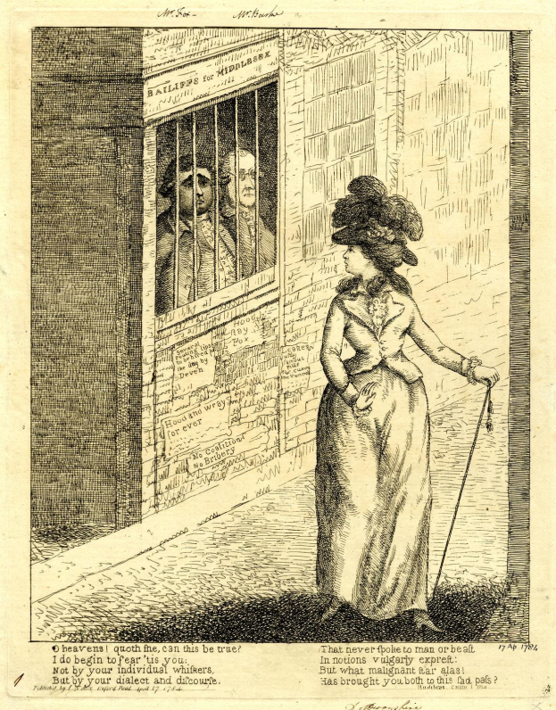 Frau mit einem Stock vor einer Zelle voller Menschen, mit Text unten.