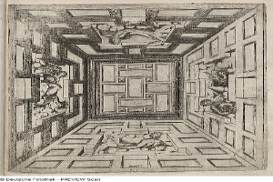 Ein aufgeschlagenes Buch mit einer Zeichnung eines Raumes mit einer dekorierten Decke und Text am unteren Rand der Seite.