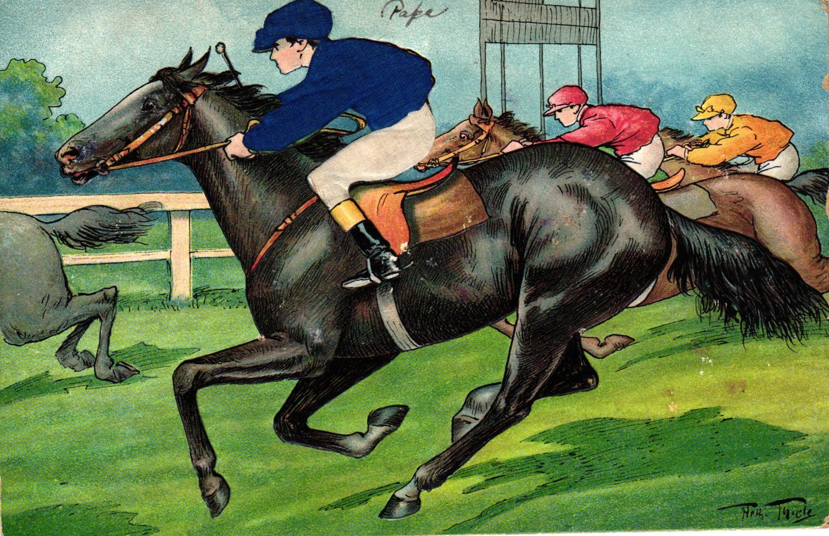 Gemälde von drei Jockeys auf Pferden beim Rennen, mit einem Zaun, Bäumen und Himmel im Hintergrund und dem Text "Pferderennen" unten.