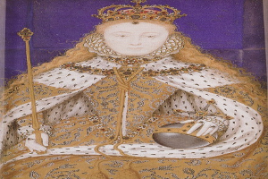 Gemälde der Queen Elizabeth I. von England in königlicher Kleidung, mit Krone, einem Stock in der Hand, mit einem Dutt und einem würdevollen Gesichtsausdruck.