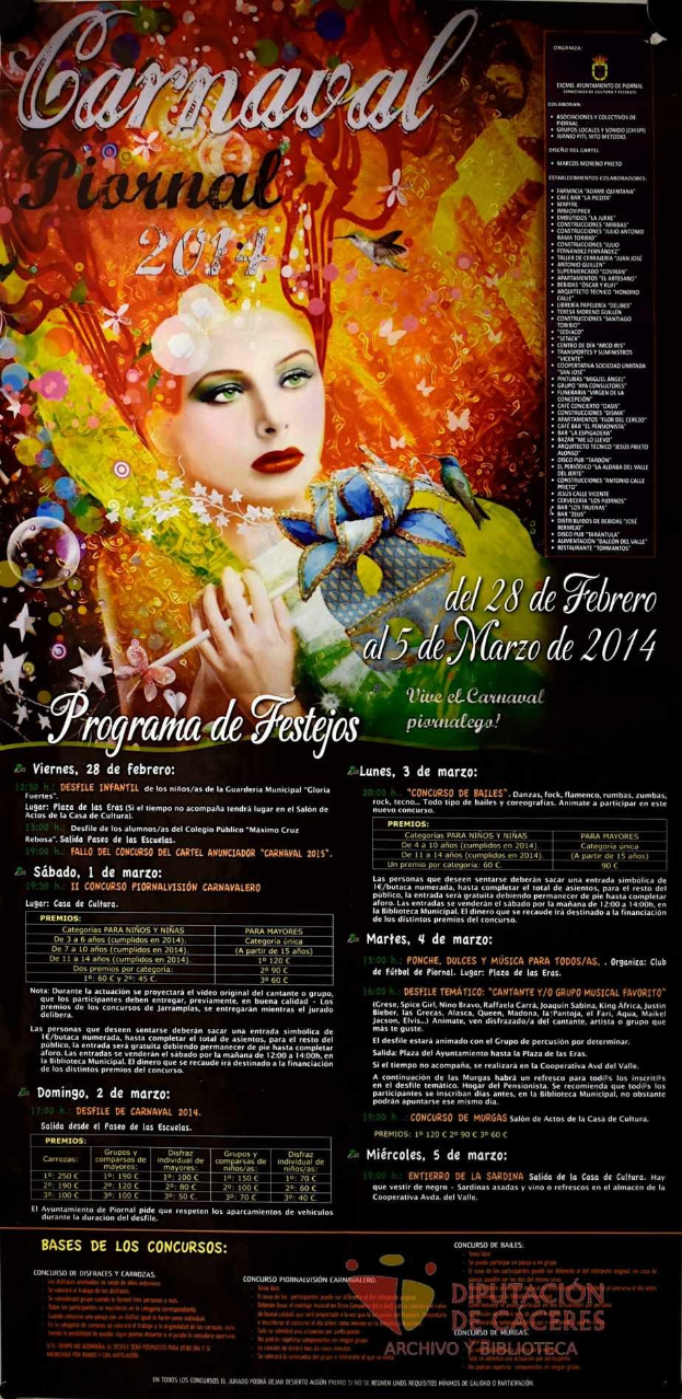Plakat für das Karnevalsfest 2014 mit einer lachenden Frau in einem bunten Kleid auf einem leuchtenden gelben Hintergrund, umgeben von fetter schwarzer Schrift.
