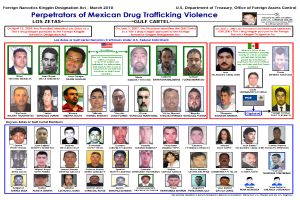 Ein Plakat mit einem hellblauen Hintergrund, das Fotos verschiedener Personen zeigt, die alle direkt in die Kamera schauen und eine serious expressions haben, und eine fette schwarze Schrift in der Mitte, die 'Verbrecher der mexikanischen Drogenhandel Gewalt' lautet.